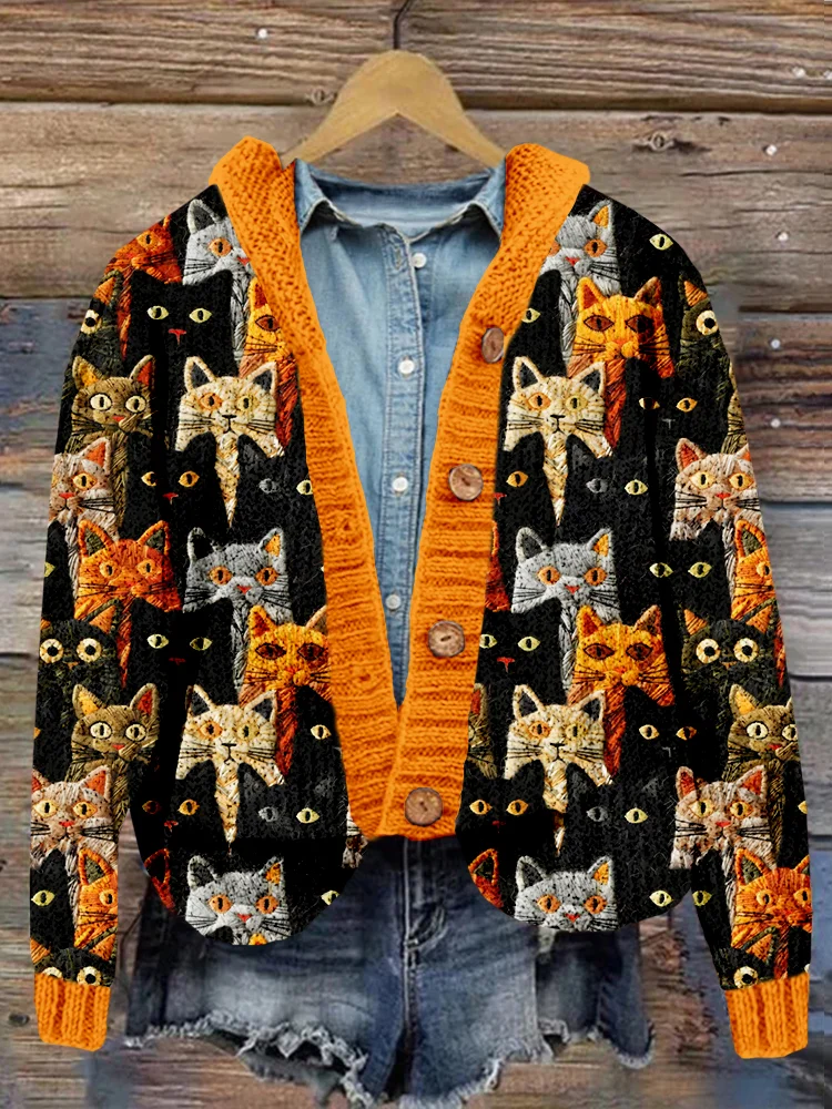 Utbros Halloween Embroidered Cat Cozy Hooded Cardigan