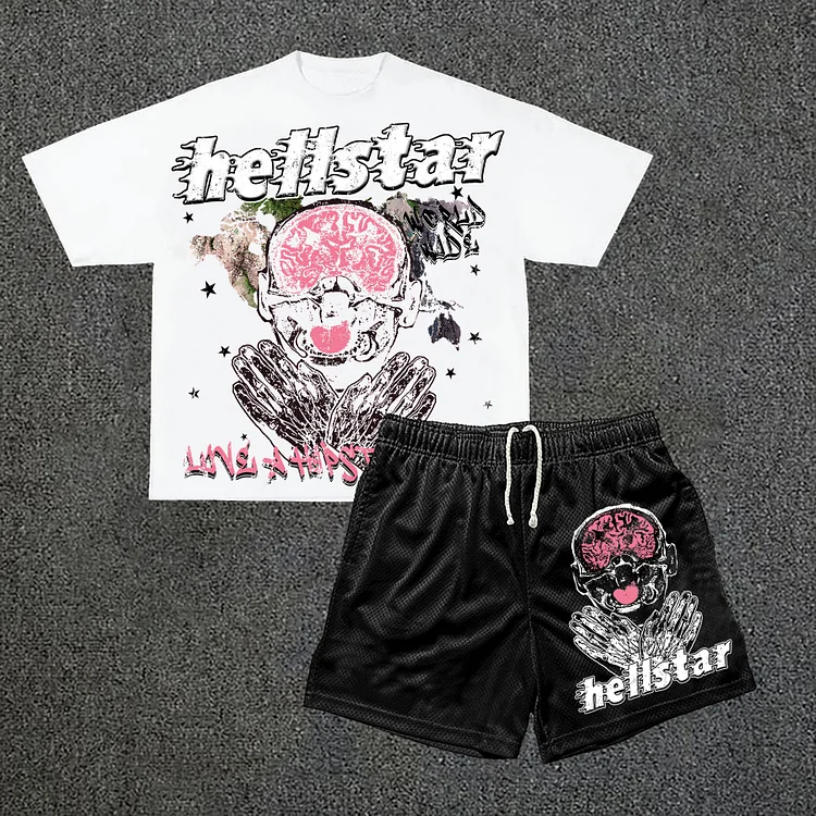 Casual Hellstar Graphic Print Short Sleeve Tee & Shorts Two Piece Set