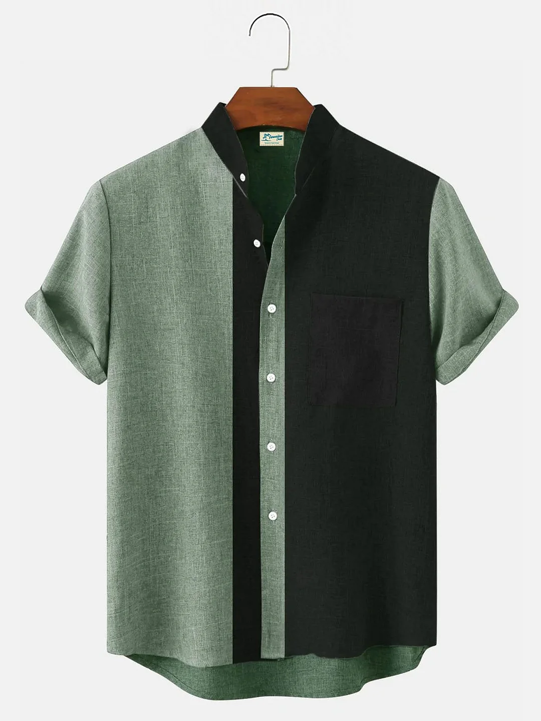 Men's Contrast Striped Stand Collar Cotton Linen Basic Short Sleeve Shirt