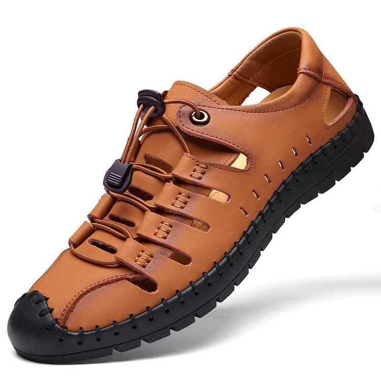 Men's sandals wear soft sole leather hole shoes cowhide casual hollow sandals Radinnoo.com