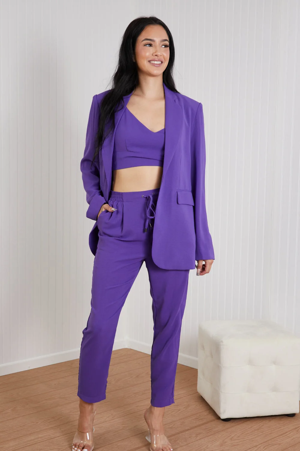 Uforever21 Geegee Wall Street Full Size Bra, Blazer, And Pants Set In Purple