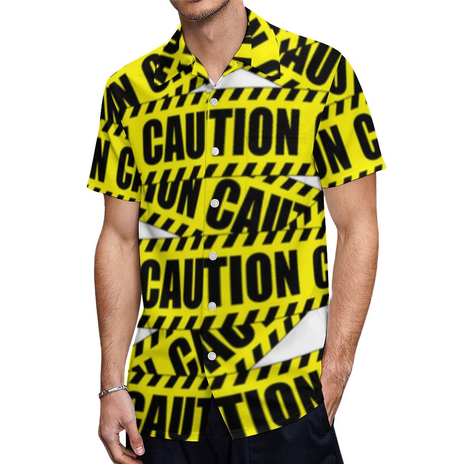 Caution Tape Design Hawaiian Shirt Mens Button Down Plus Size Tropical Hawaii Beach Shirts