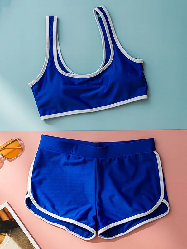 Solid Color Split-Joint U-Neck Vest Sporty Split Tankini Sweartsuit