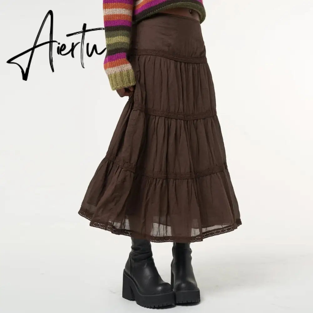 Aiertu Vintage Lace Up Bow Floral Long Skirts Green Y2k High-Waisted Loose Mid-Calf Pleated Skirt Harajuku Grunge Fairy Women Clothing Aiertu