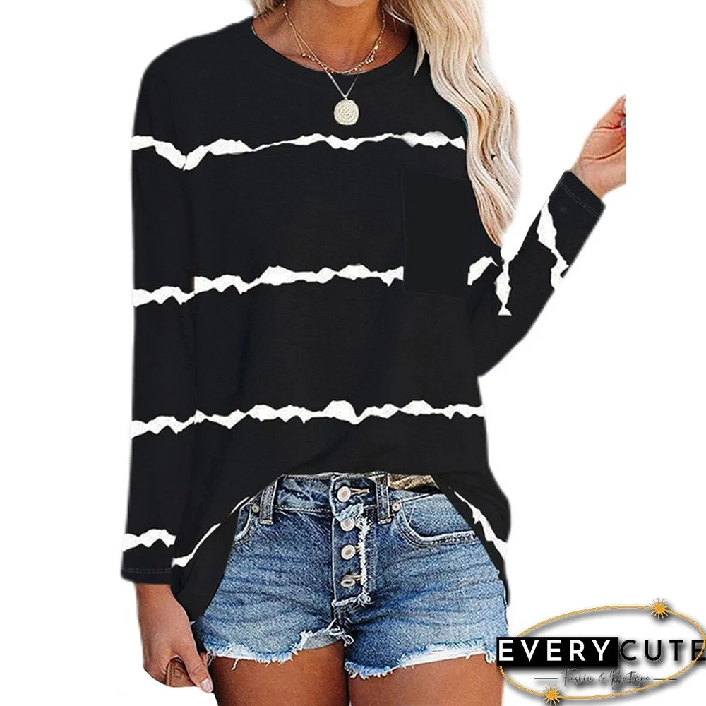 Black Striped Print Pocket Long Sleeve Top