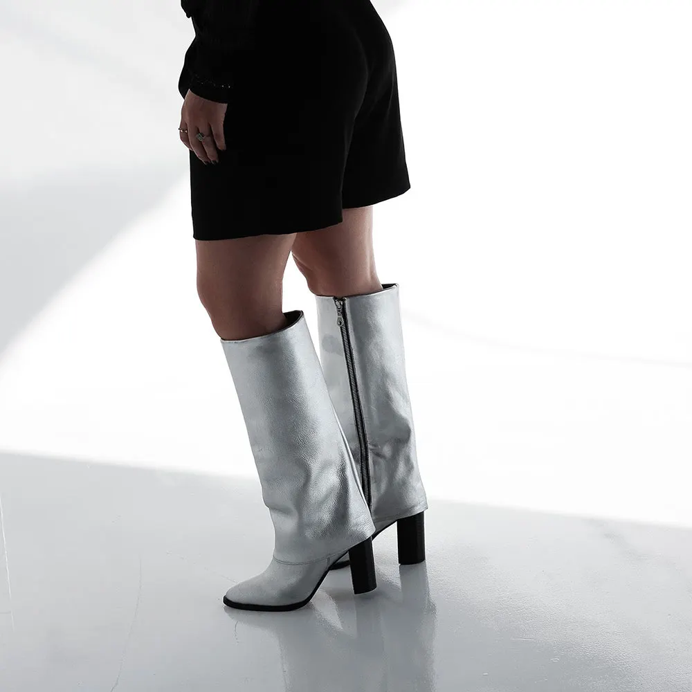 Women's Silver Closed Toe Chunky Heel Knee High Fold Over Boots