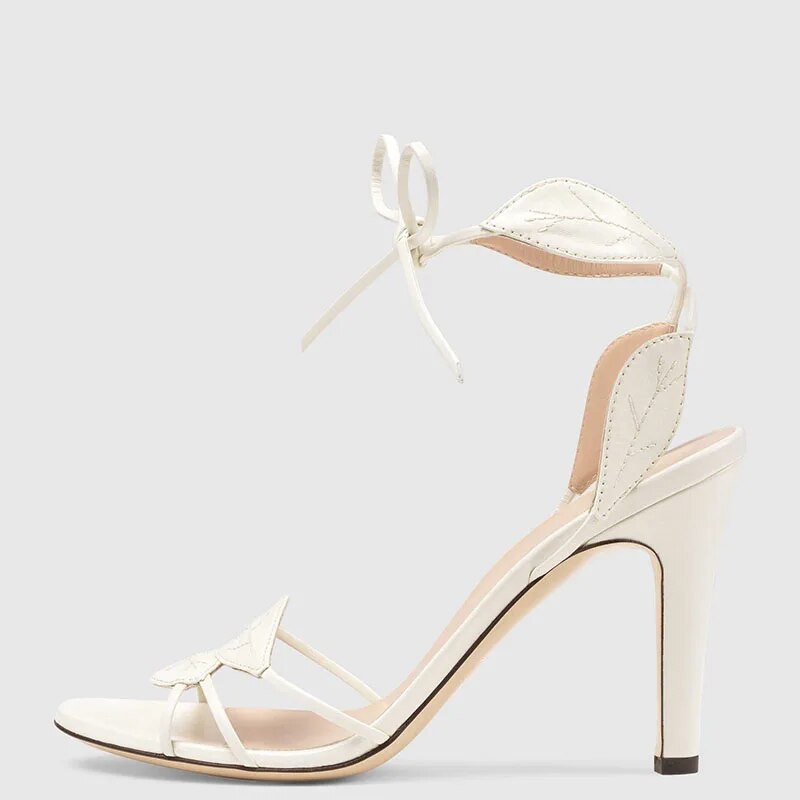 TAAFO White Women's Leaf Details Sandals Stilettos High Heels Ladies Concise Shoes