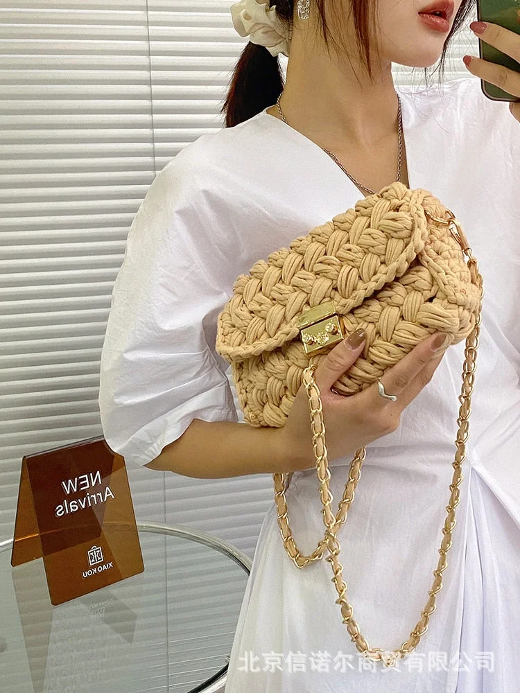 Women's 2021 Bag Cloth Crochet Woven Bag Hand Made Woven Chain Lock Women's Crossbody Single Ladies' Shoulder Bag New