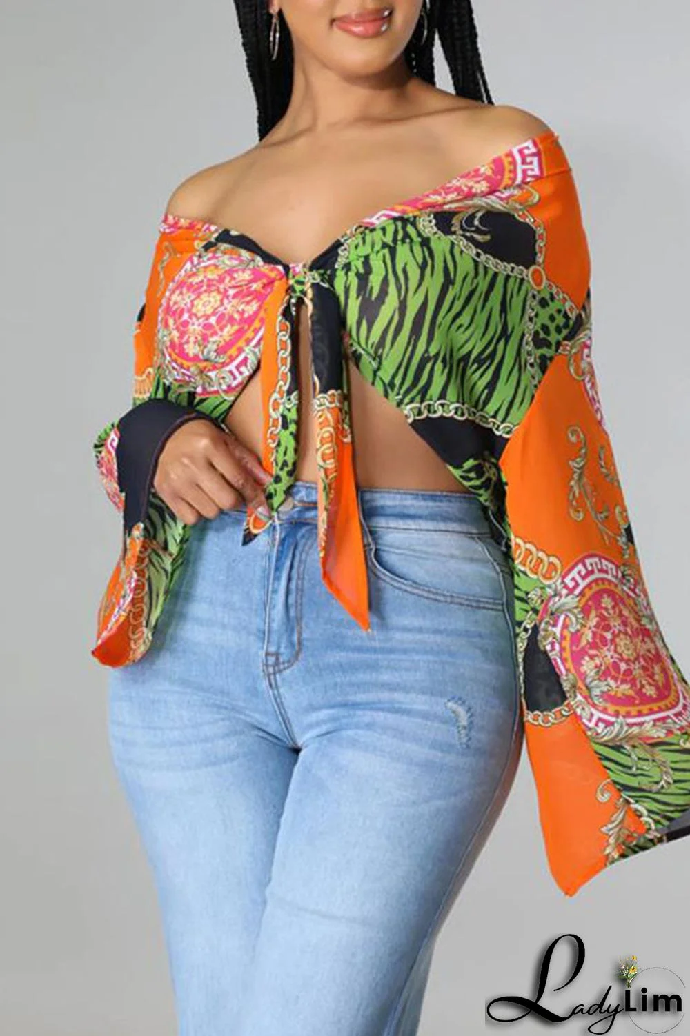 Green Casual Print Bandage Patchwork V Neck Tops