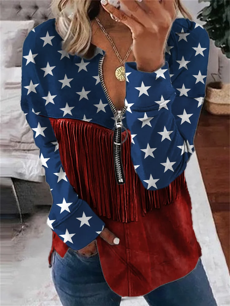 VChics American Flag Inspired Contrast Leather Art Zip Up Sweatshirt