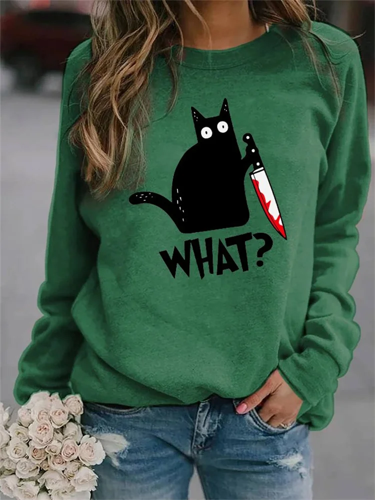 Halloween Black Cat With Bloody Knife Sweatshirt