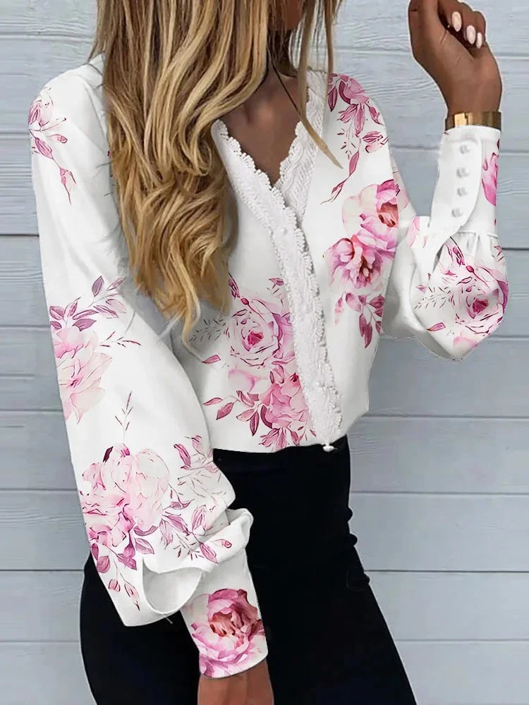 Huiketi White Elegant Blouse For Women Casual Long Sleeve Top Shirts Print Lace V-neck Loose Office Lady Fashion Blouse Tops Women