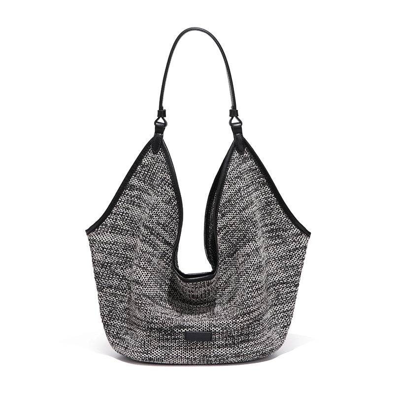 Women’s Large Raffia Solid Color Streetwear Bucket Magnetic Buckle Tote Bag