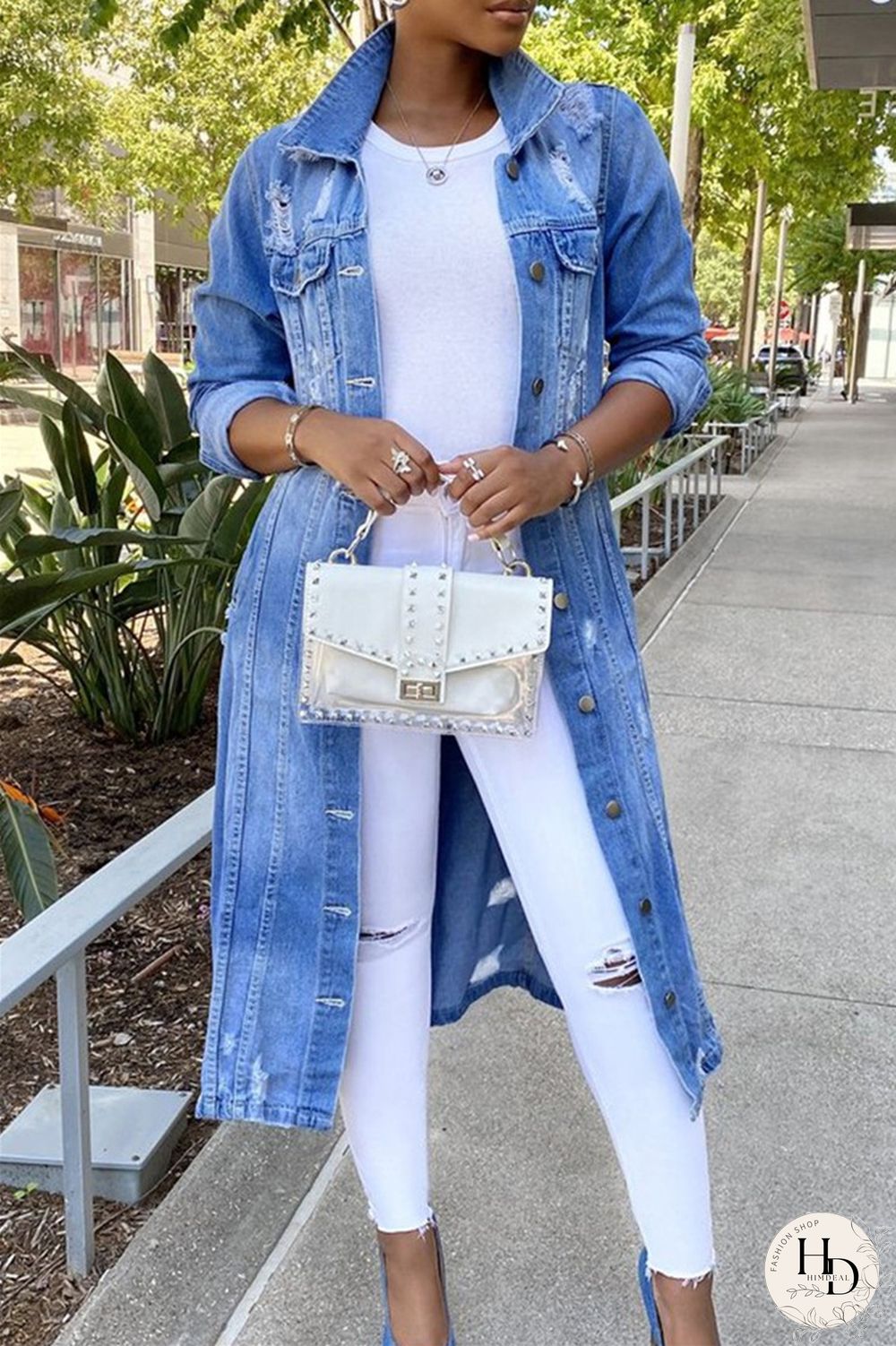 Deep Blue Casual Solid Ripped Patchwork Turndown Collar Long Sleeve Regular Denim Jacket