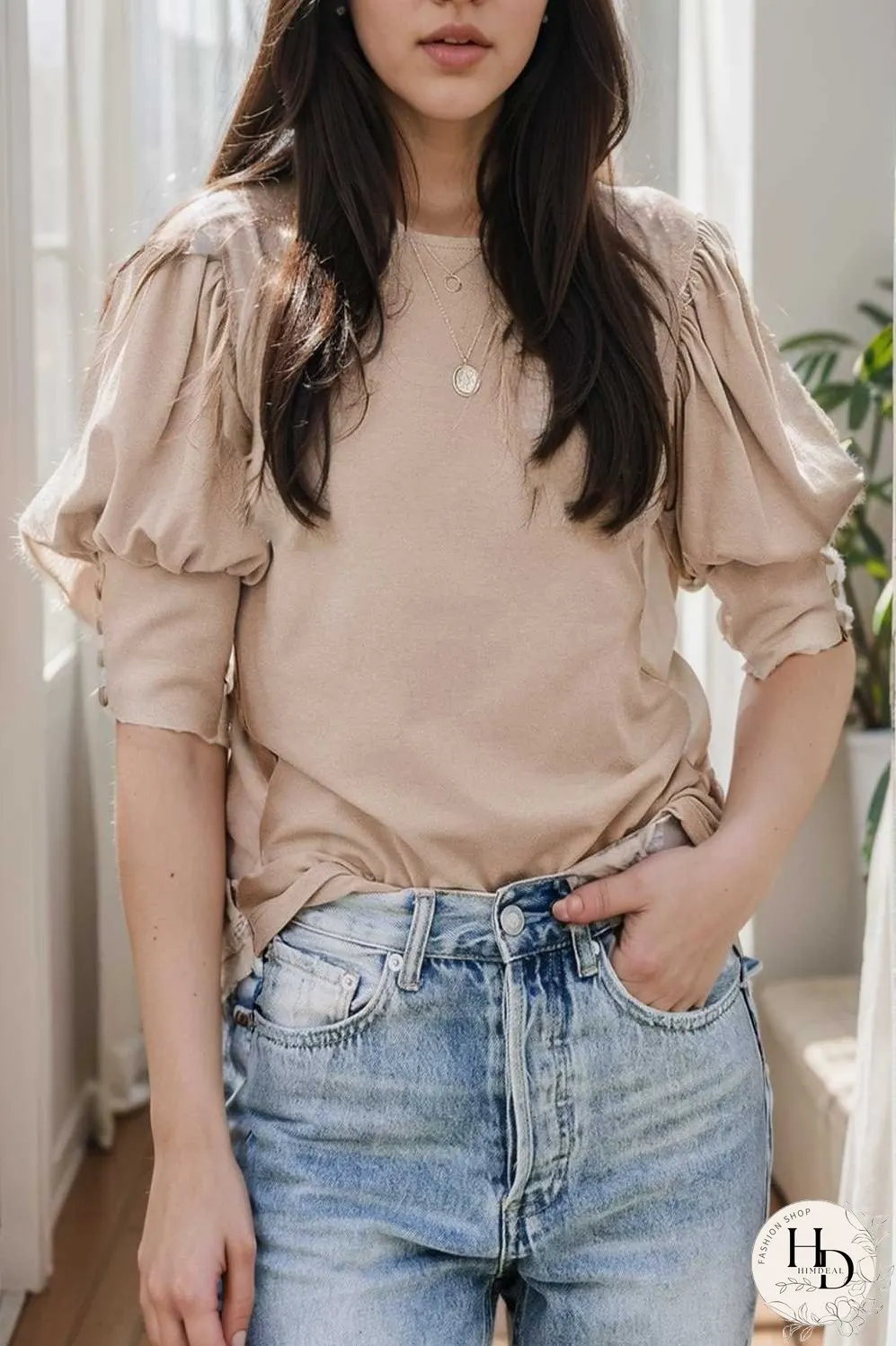 solid color button loose casual round neck t shirt