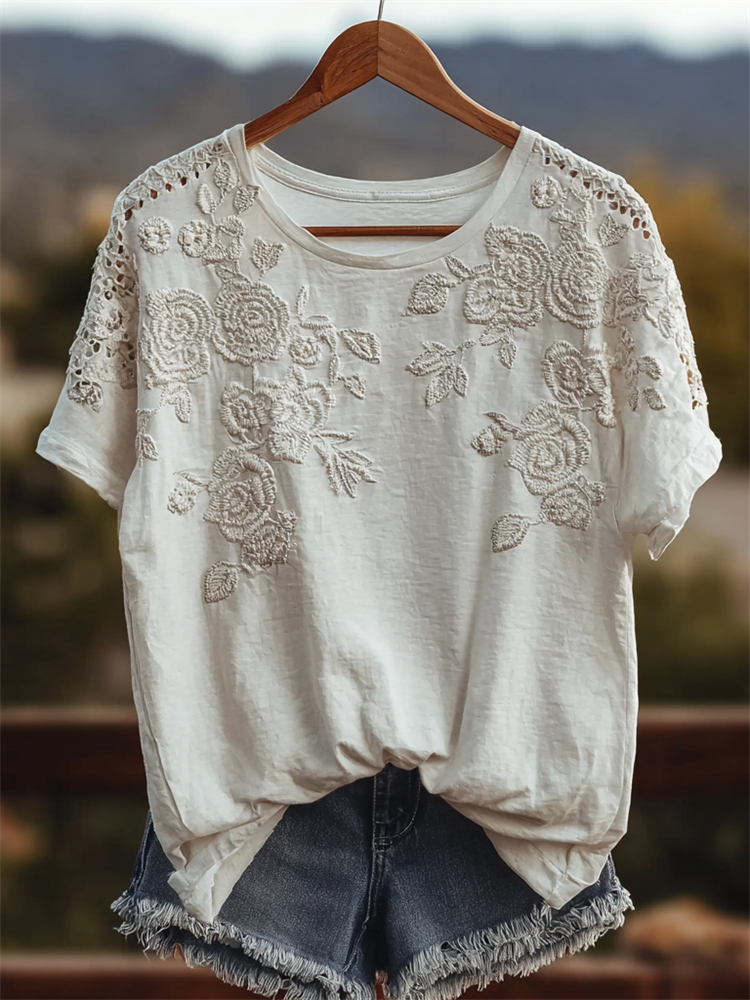 Classy White Roses Embroidered Hollow Lace Comfy T Shirt wearshes