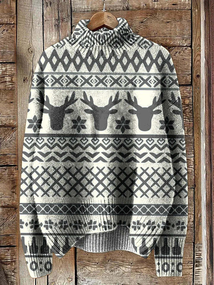 Women's Elk Snowflake Christmas Pattern Print Knit Sweatshirt