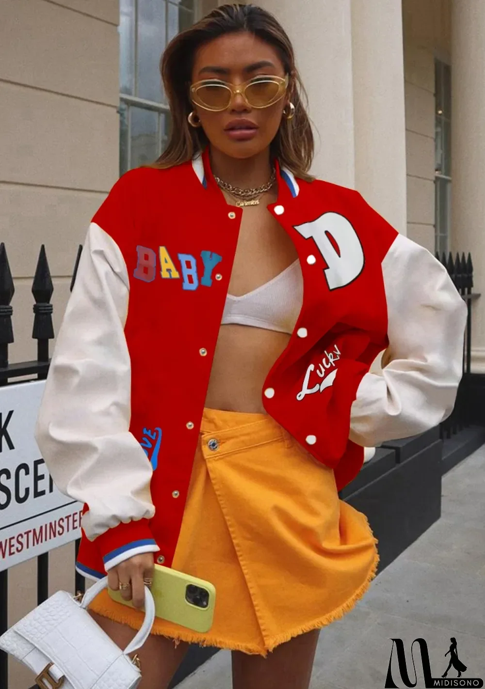 MidiSono - Autumn Contrast Color Button Up Long Baseball Jacket