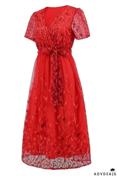 Sequin Leaf Embroidery Tie Front Short Sleeve Dress