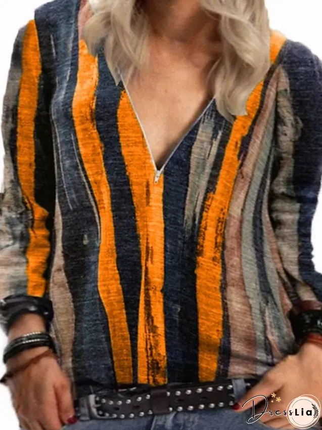 Blouse Yellow Red Blue Striped Zipper Long Sleeve Daily Going out Streetwear V Neck Regular L for Women