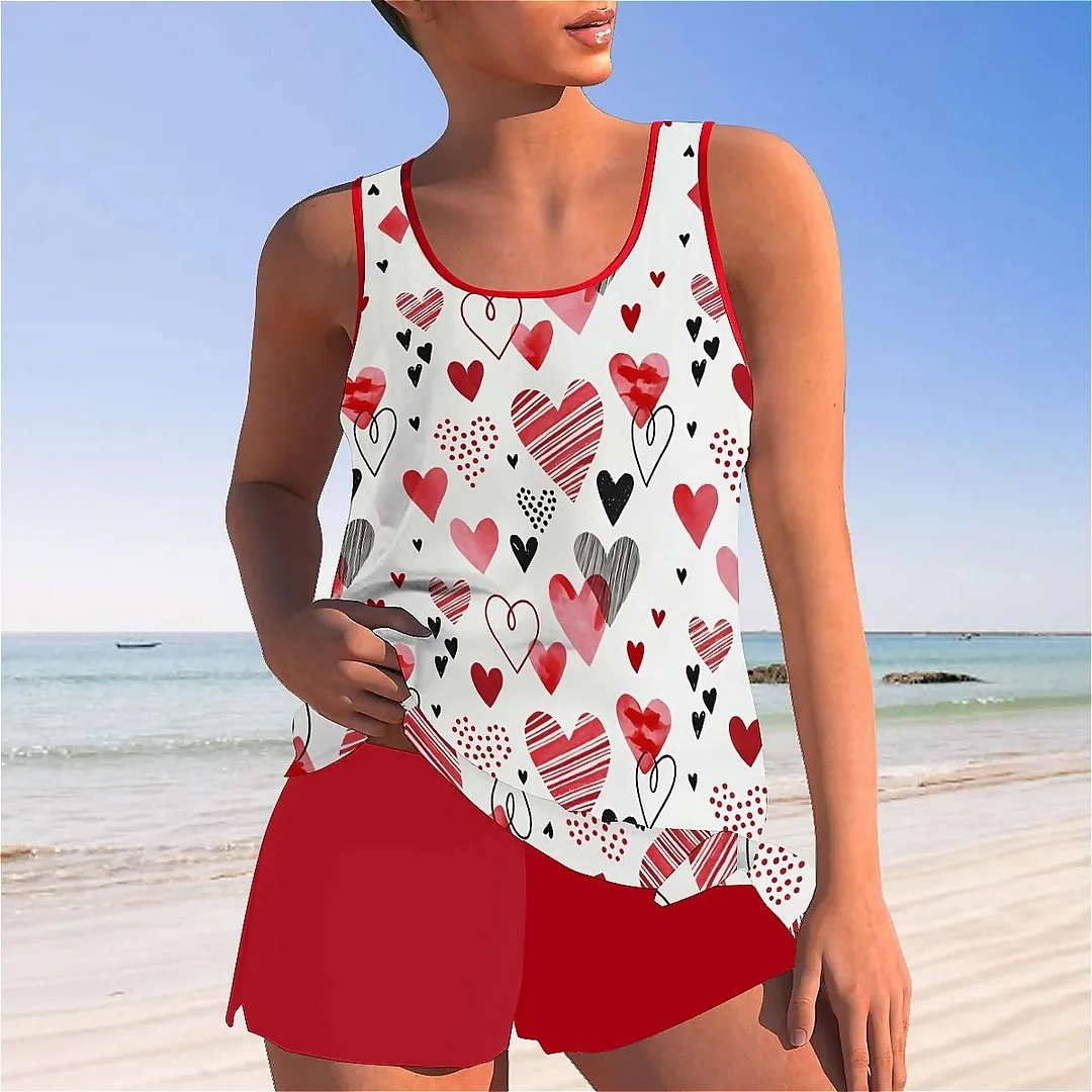 Bowknot Heart,Love,Valentine's Day Mid Waisted Tankini Set - Plus Size Available
