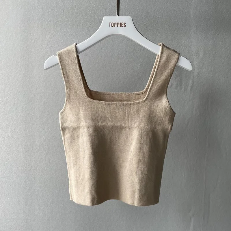Toppies Summer Square Collar Tanks Tops Woman Sleeveless Knitted Cropped Tops Female Camisoles Solid Color Tube