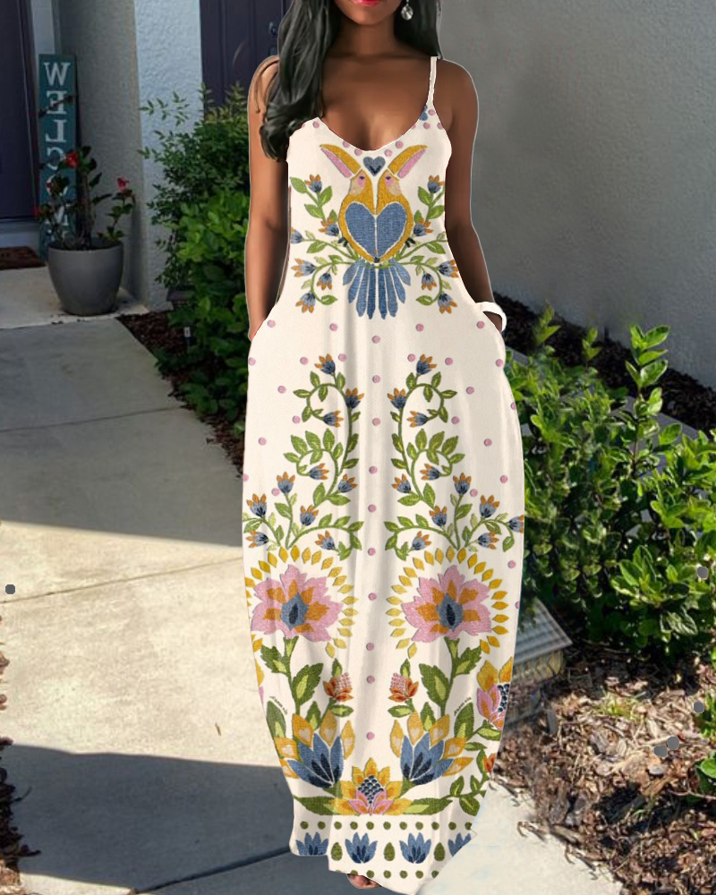 Sling Bohemia Flowers and Leaves Print Pocket Dress