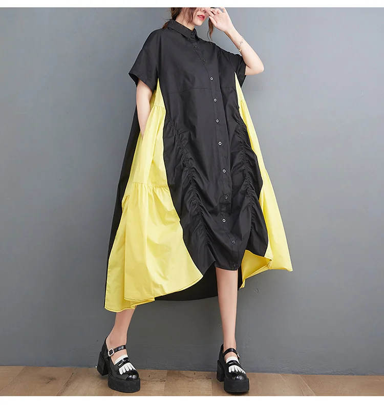 Loose Contrast Panel Single-Breasted Shirt Midi Dress - yankia