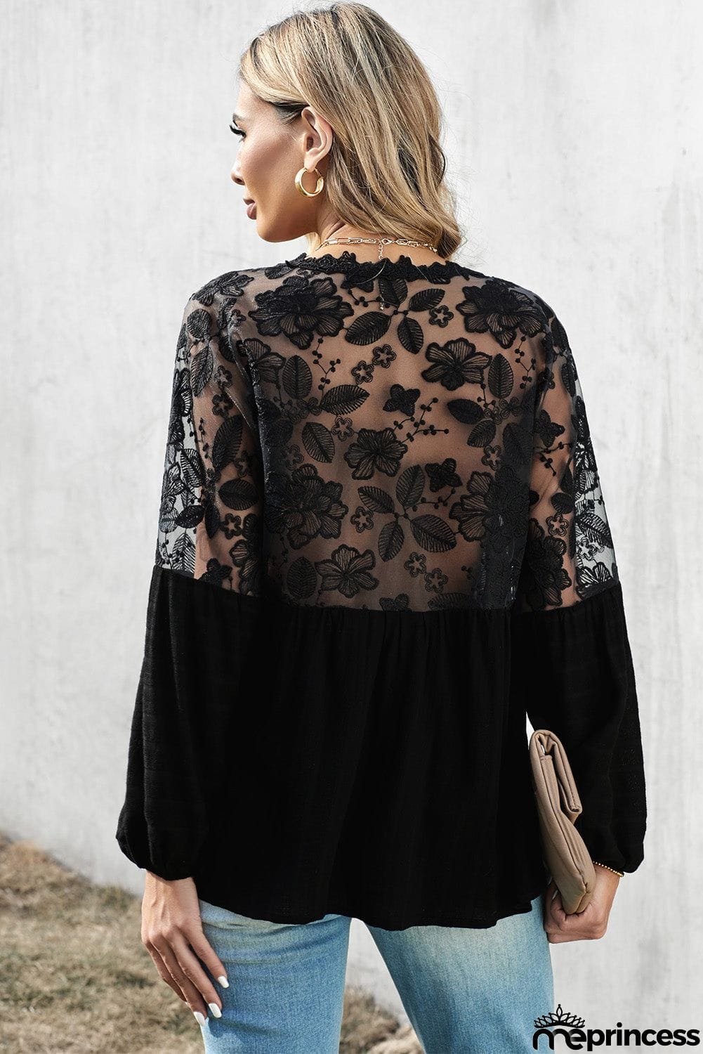 Chic Black Lace V Neck Shoulder Patchwork Blouse