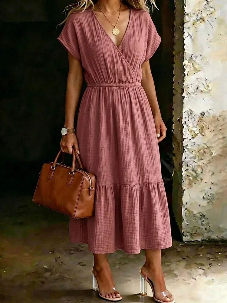 Women&rsquo;s Casual Short Sleeve Solid Color V-neck Dress