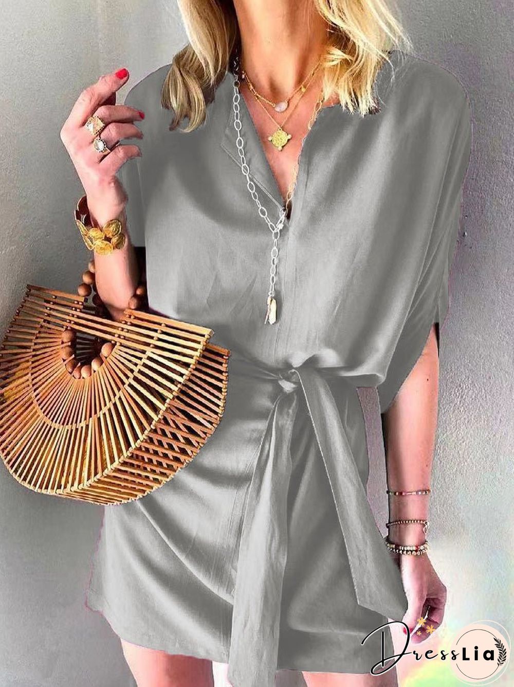 Women'S Dresses Casual Solid Tie Mid Sleeve Dress