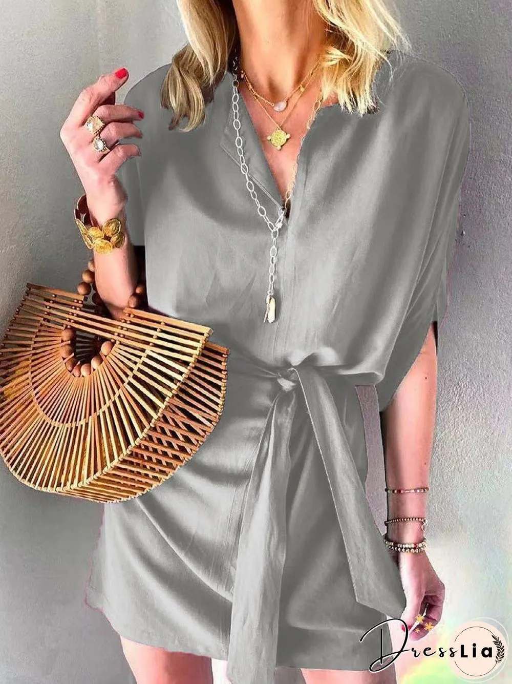 Women'S Dresses Casual Solid Tie Mid Sleeve Dress