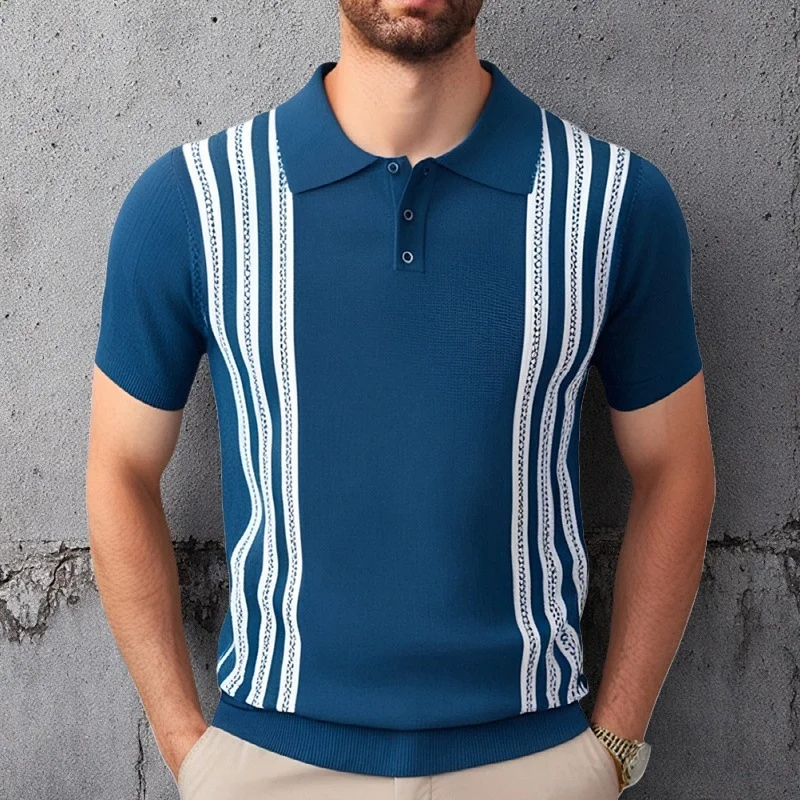 Woherb Men's Summer Short Sleeve Knit Dress Black Striped Business Casual POLO Shirt Men's SY0112