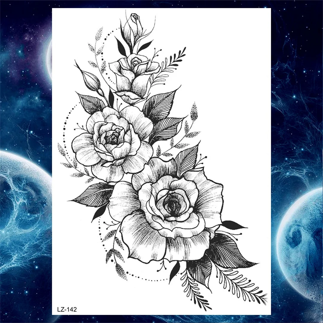 Large 3D Rose Flower Temporary Tattoos For Women Men Adults Death Skull Tattoo Sticker Peony Dahlia Black Fake Tatoos Forearm