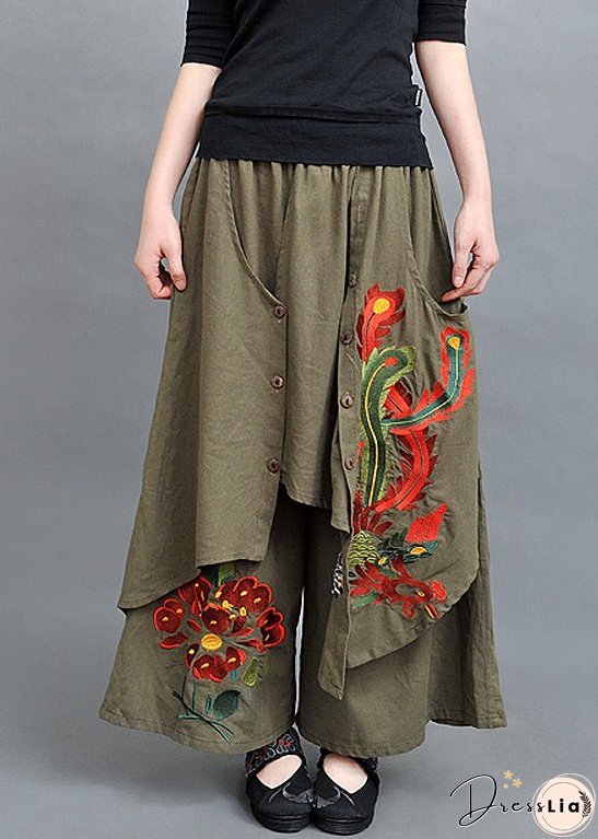 New Army Green Asymmetrical Embroidered Cotton Pants Skirt Spring