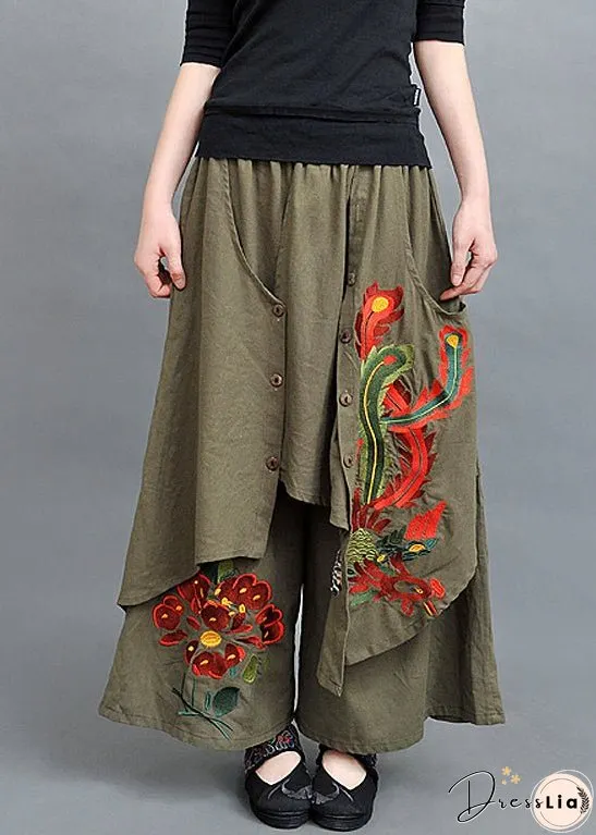 New Army Green Asymmetrical Embroidered Cotton Pants Skirt Spring