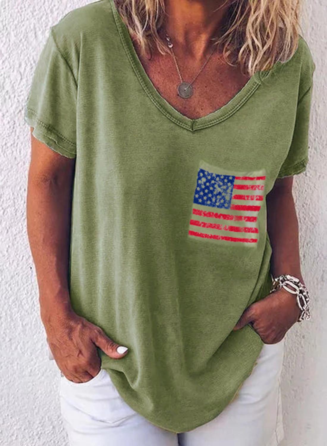 Women's American Flag T-shirts Short Sleeve V Neck Daily T-shirt