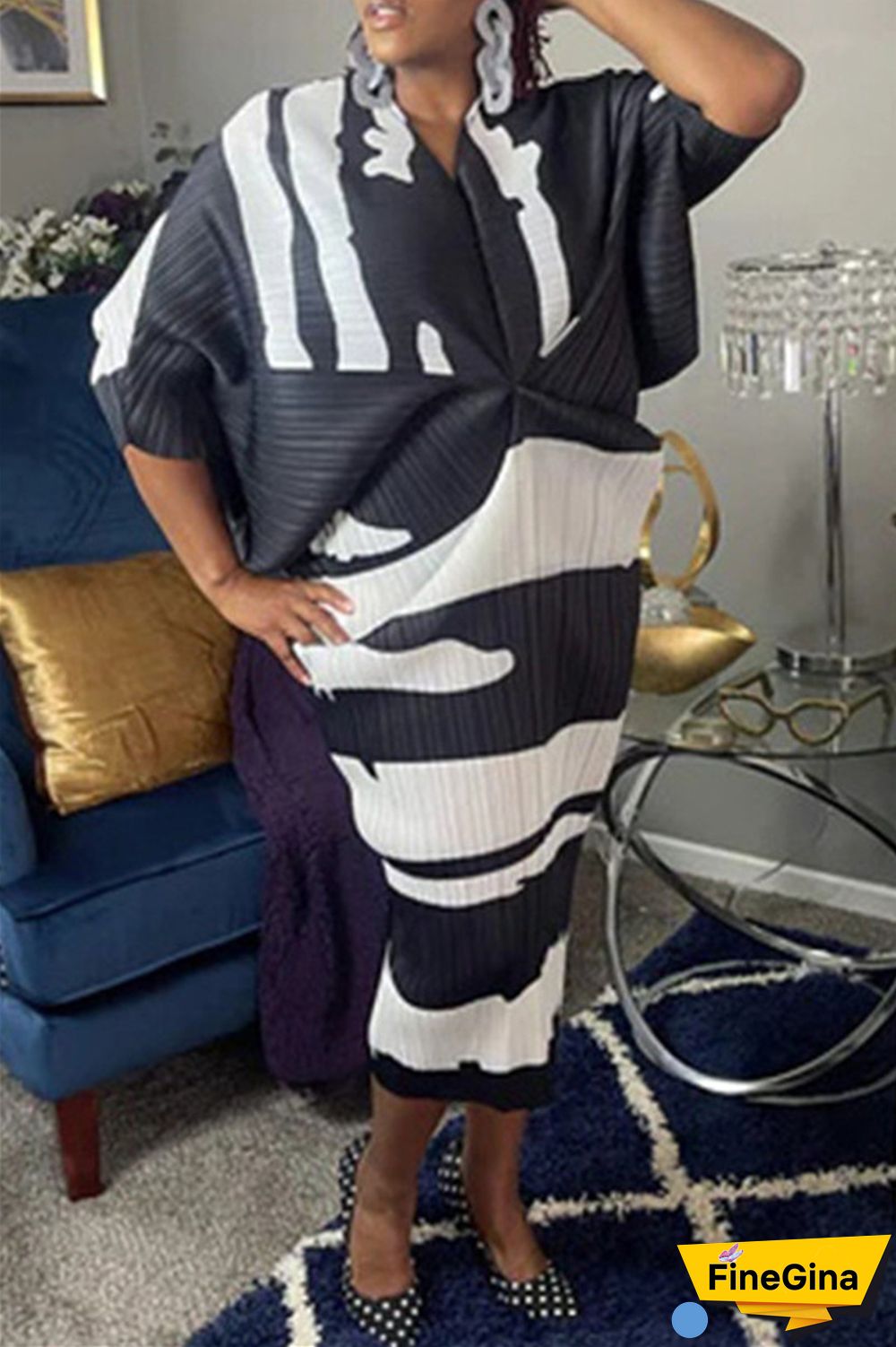 Pink Purple Casual Print Patchwork V Neck Pencil Skirt Plus Size Dresses