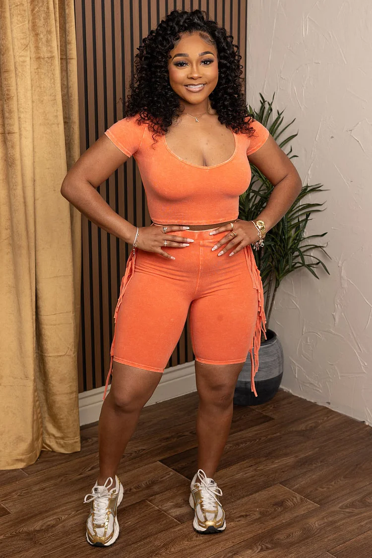 Crew Neck Crop T-Shirt Fringe Bodycon Shorts 2pcs Set-Orange