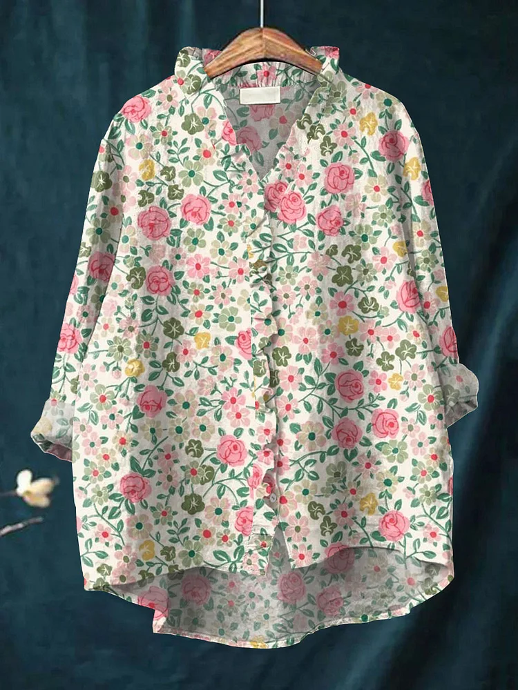 Women's Floral Art Print Casual Cotton And Linen Ruffle Shirt