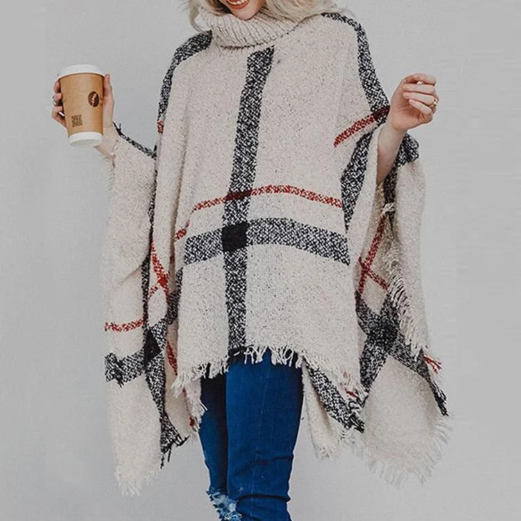 Fitshinling Bohemian Fringe Poncho Women Sweater Oversized Turtleneck Jumper Knitwear Holiday Vintage Cape Batwing Sleeve Ponczo