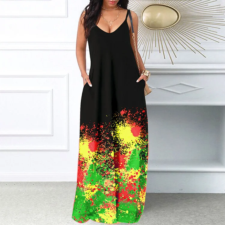Juneteenth Inspired Ink Printing Trap Maxi Dress
