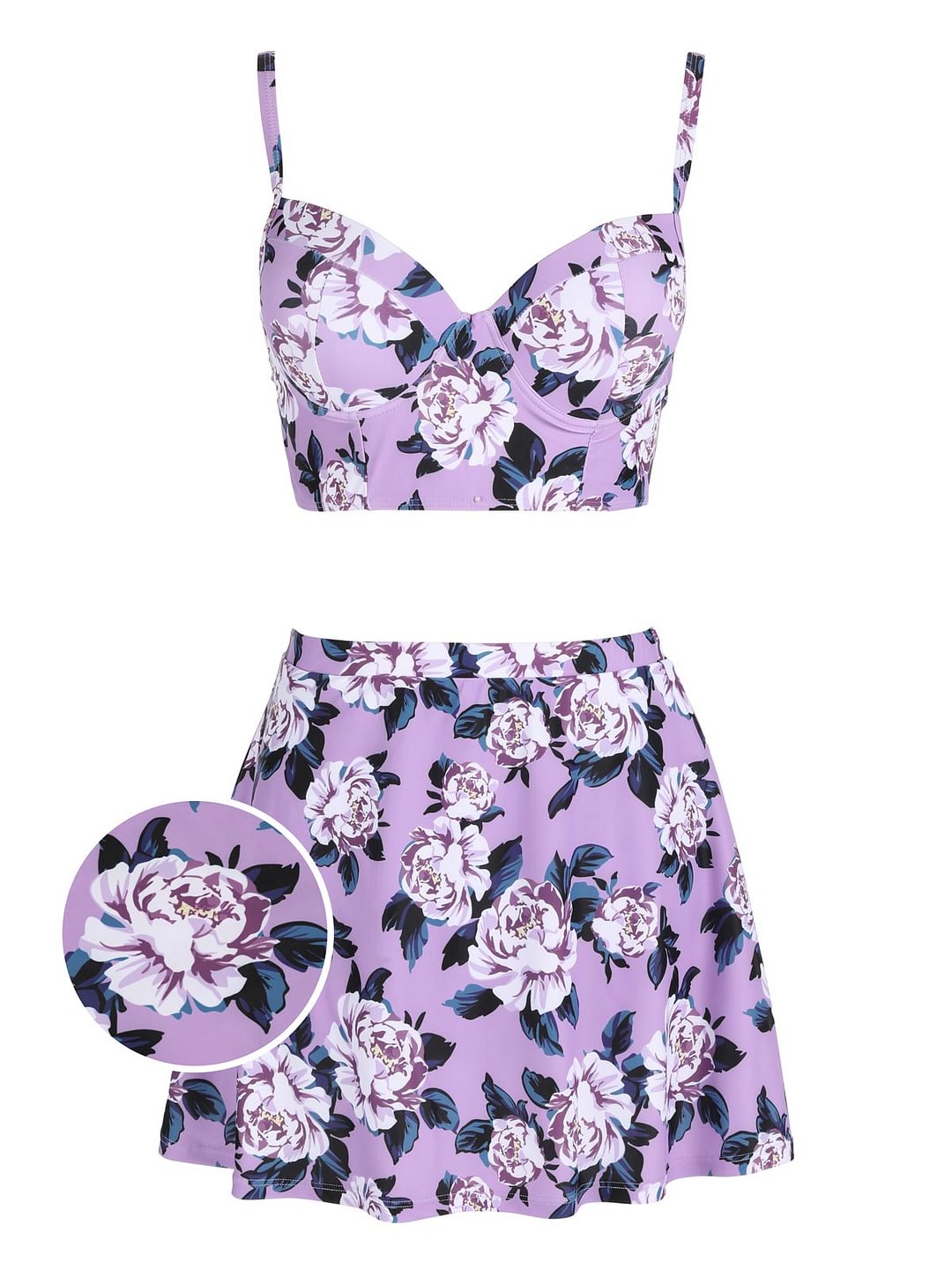 [Plus Size] Lavender Peony Retro Strap Swimsuit