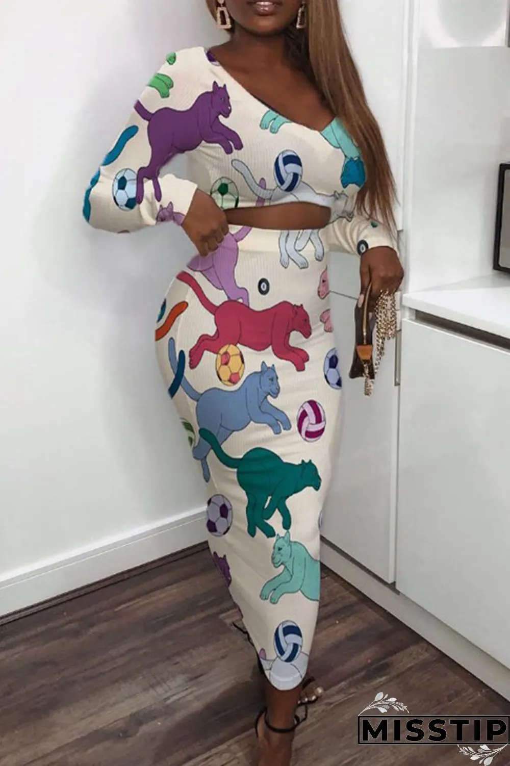 Pink Gray Casual Print Patchwork V Neck Long Sleeve Two Pieces