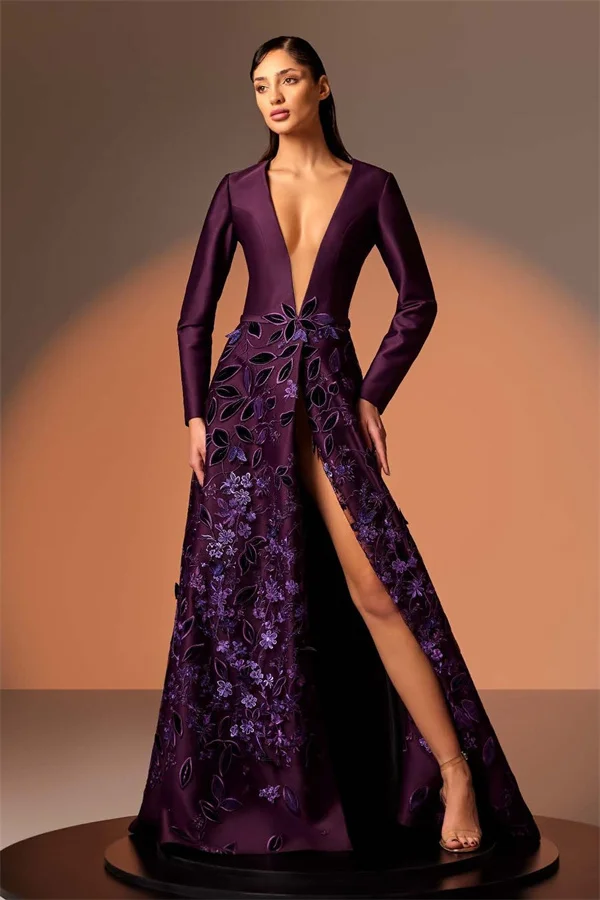 Lvs&Broner Long Sleeves Deep V Neck High Split Long Prom Dress With Appliques
