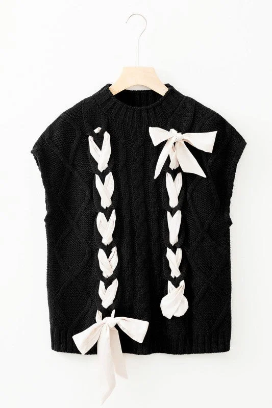 Colorblock Bow Cable Knit Short Sleeve Sweater