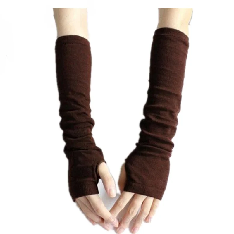 CUHAKCI Knitted Protection Fingerless Long Gloves Women Arm Warmers Solid Warm Mittens Half Finger Sleeves Black