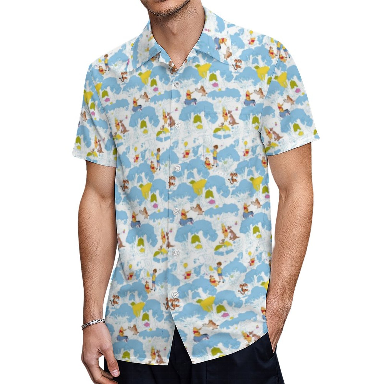 Cute Bear At The Honey Tree Pattern Hawaiian Shirt Mens Button Down Tropical Hawaii Beach Shirts