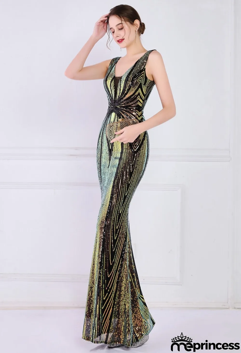 Women Summer Black Formal V-neck Sleeveless Patchwork Sequined Mermaid Evening Dress