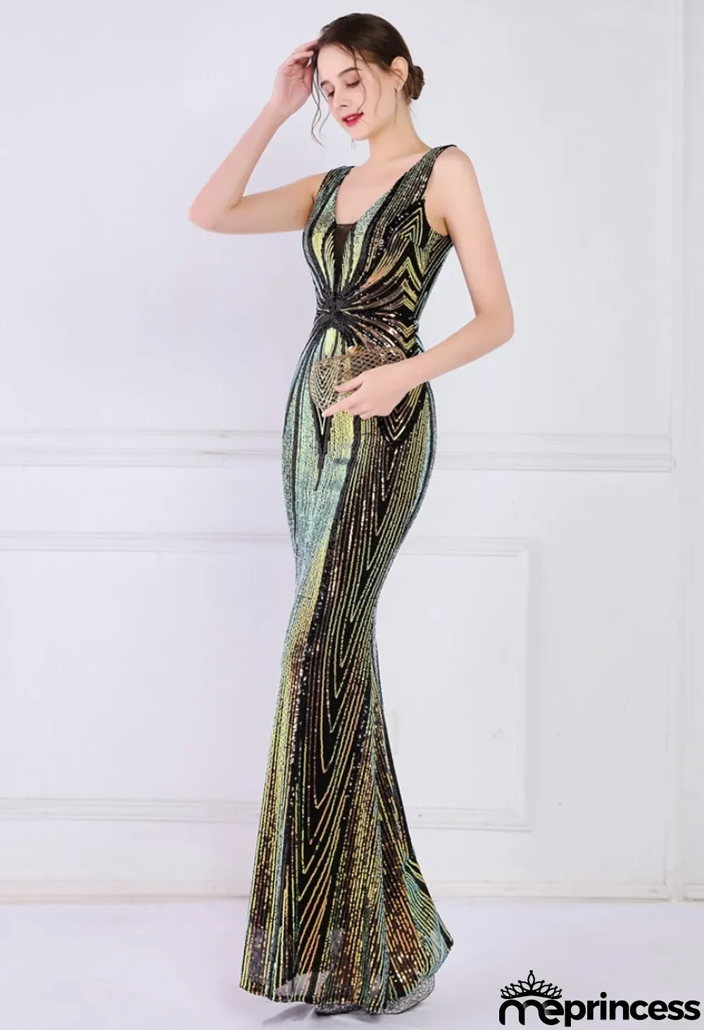 Women Summer Black Formal V-neck Sleeveless Patchwork Sequined Mermaid Evening Dress